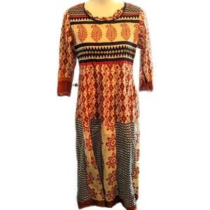 STOP printed maxi dress, cream/orange/black, metallic gold, sequins, lace M